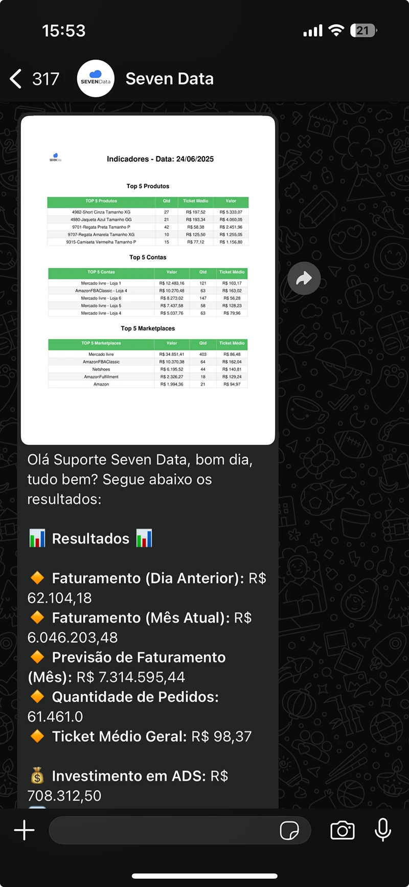 Resumo executivo da Seven Data enviado pelo WhatsApp